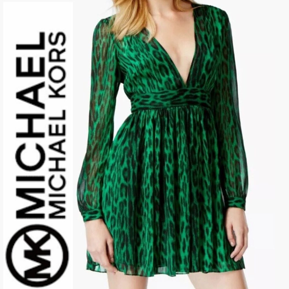 Michael Kors Green Black Animal Print Long Sleeve V Neck Midi Dress 16